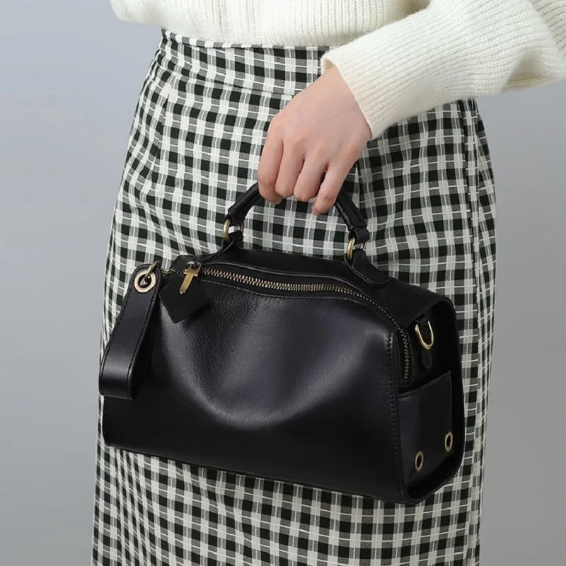 Genuine leather women's shoulder bag cowhide Boston pillow handbag crossbody bag for women fashion Commuter shopping bag