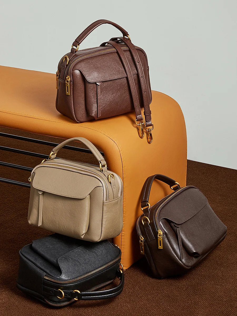 Genuine Leather Fashion Boston Handbag for women retro style cowhide luxury women's crossbody bag trendy single-shoulder bag