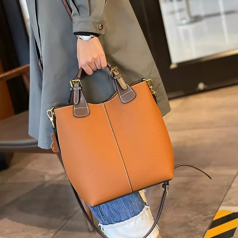 first layer cowhide women's bucket bag high quality versatile handbag large-capacity commuter tote bag crossbody bag shoulder