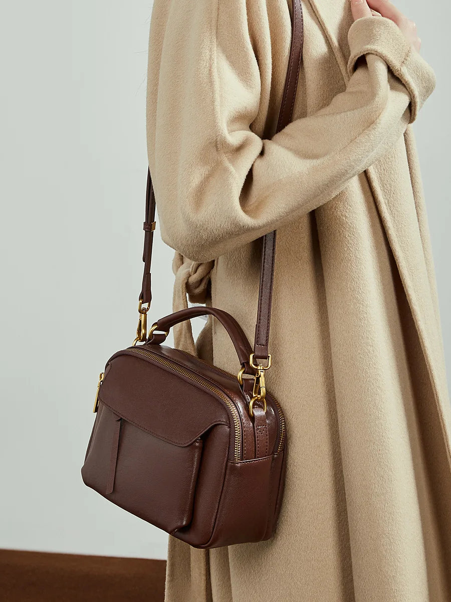 Genuine Leather Fashion Boston Handbag for women retro style cowhide luxury women's crossbody bag trendy single-shoulder bag