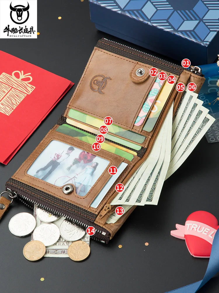 Retro Style Genuine Leather men's zipper wallet vertical casual short photo album driver's license cowhide change wallet
