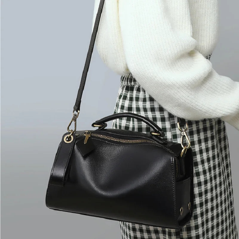 Genuine leather women's shoulder bag cowhide Boston pillow handbag crossbody bag for women fashion Commuter shopping bag