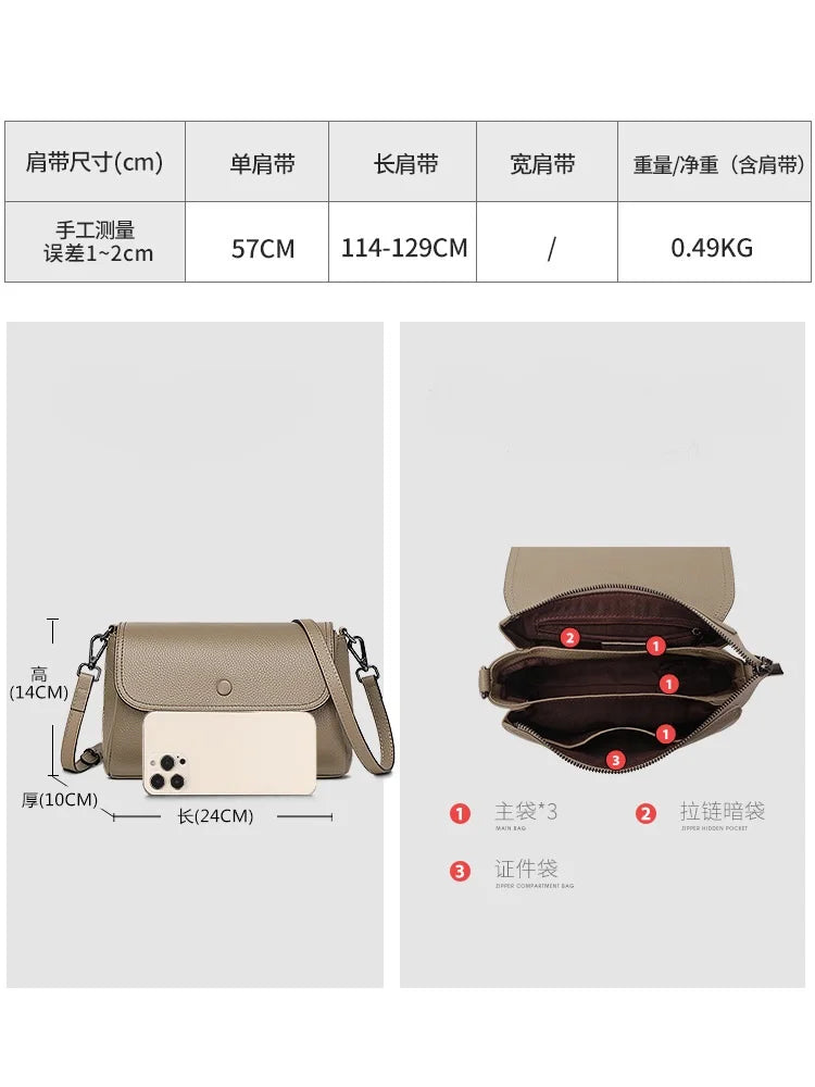 High Quality Cowhide Women's Shoulder Bag Genuine Leather Handbag Lady Versatile Daily Corssbody Bag For Commuting