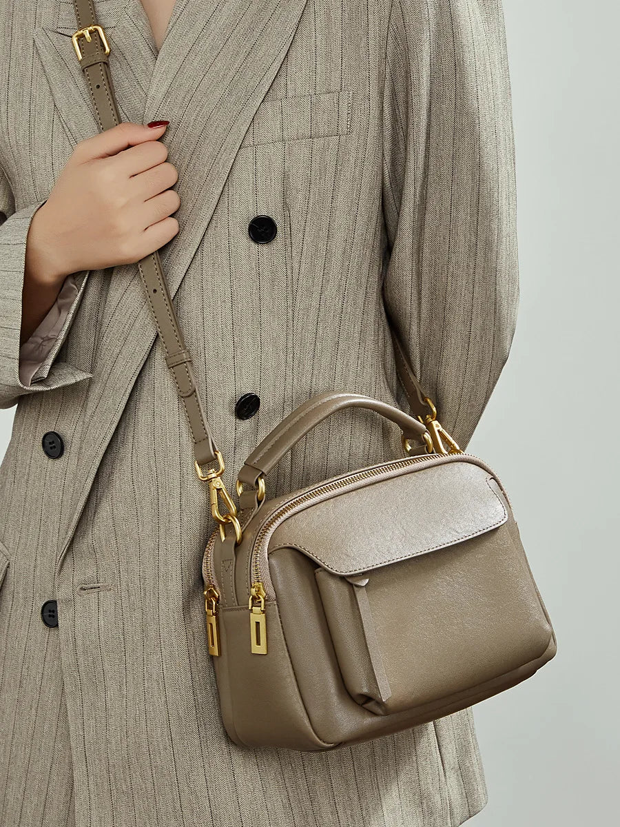 Genuine Leather Fashion Boston Handbag for women retro style cowhide luxury women's crossbody bag trendy single-shoulder bag