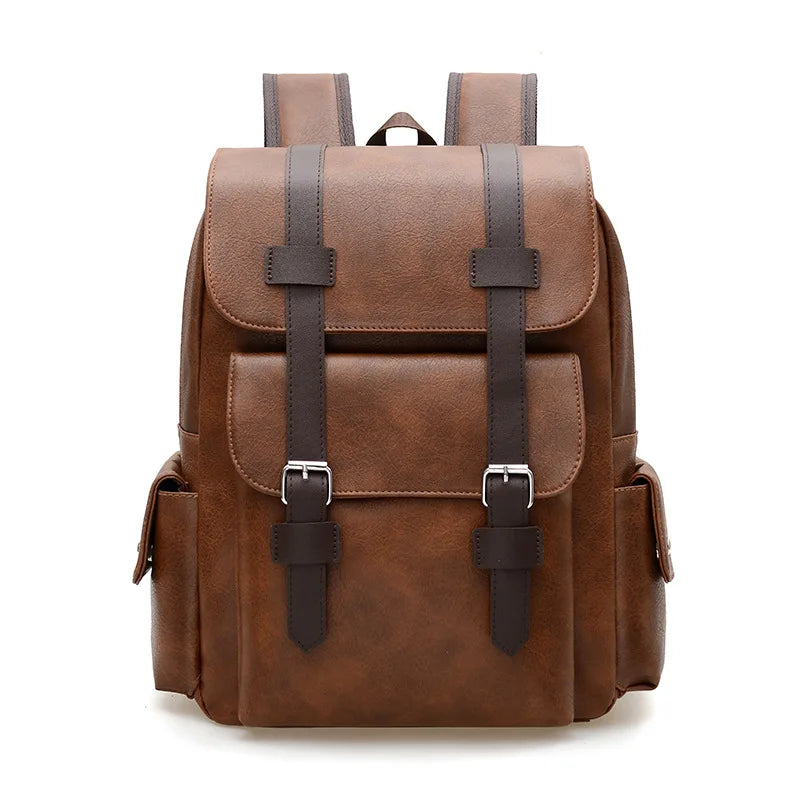 British Retro Soft PU Leather Backpack For Men Large Capacity Casual Travel Backpack belt buckle daily student Backpack