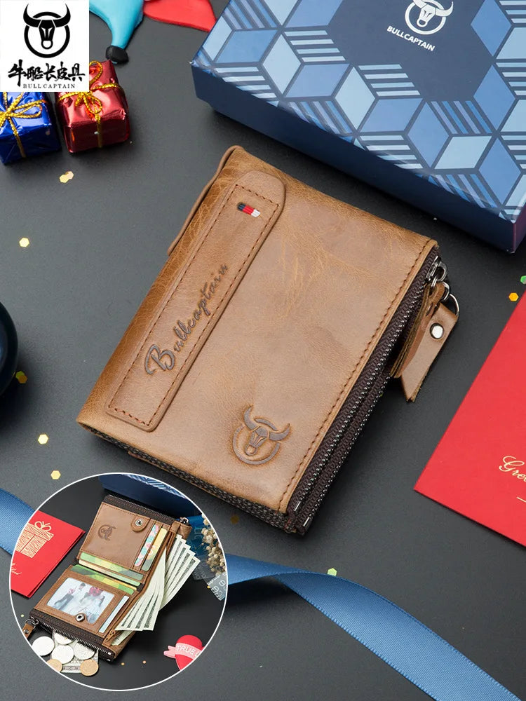 Retro Style Genuine Leather men's zipper wallet vertical casual short photo album driver's license cowhide change wallet