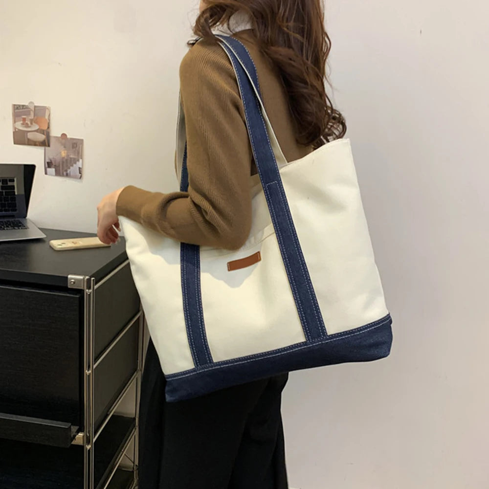 Fashion canvas women's bag, college style tote bag, large capacity shoulder bag, women's shoulder bag, shopping handbag