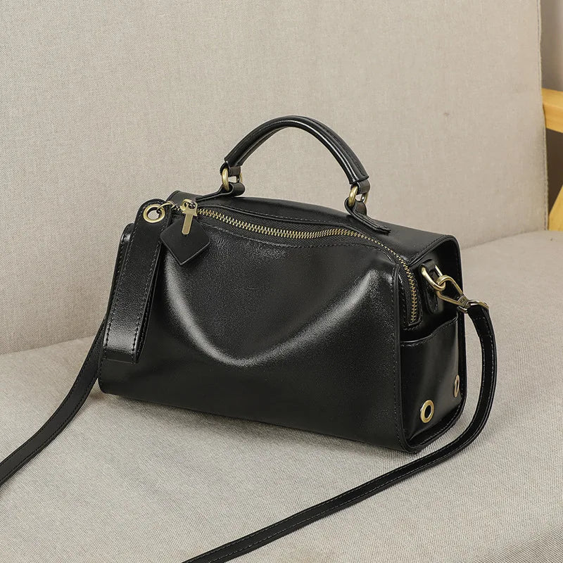 Genuine leather women's shoulder bag cowhide Boston pillow handbag crossbody bag for women fashion Commuter shopping bag