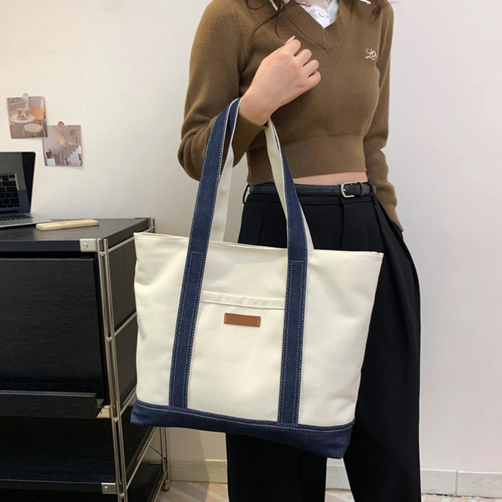 Fashion canvas women's bag, college style tote bag, large capacity shoulder bag, women's shoulder bag, shopping handbag