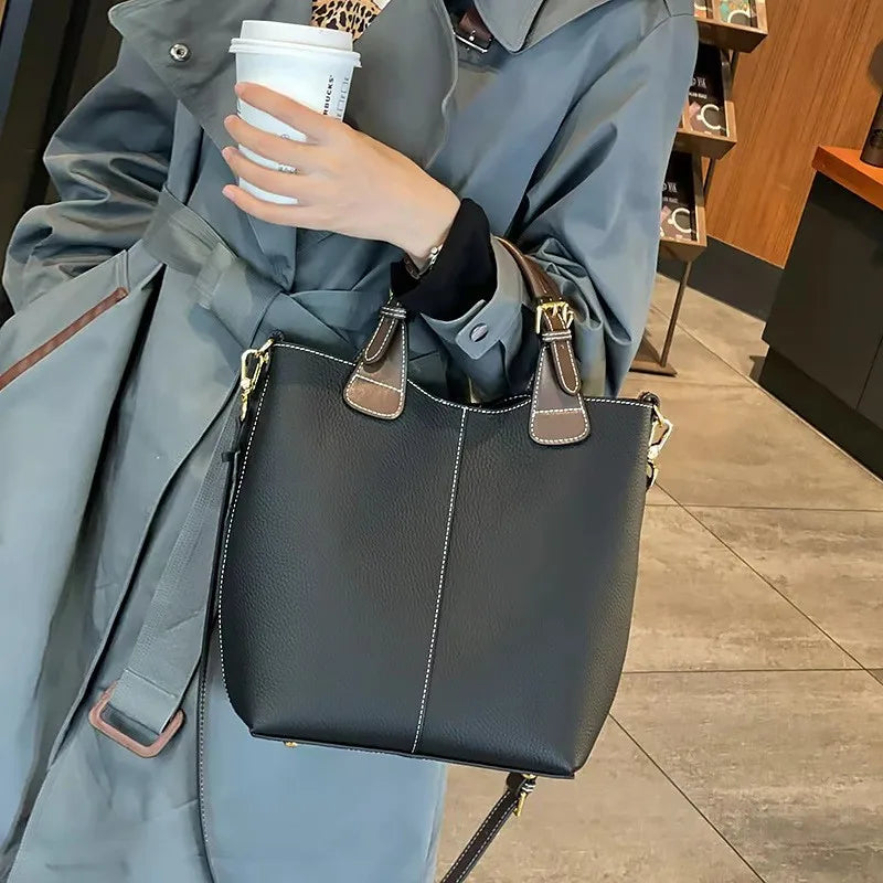 first layer cowhide women's bucket bag high quality versatile handbag large-capacity commuter tote bag crossbody bag shoulder