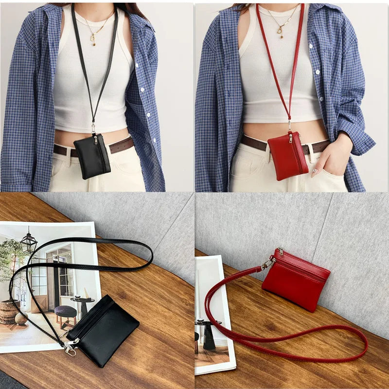 1PC Women Men PU Leather Zipper Zero Wallet Solid Color Hanging Neck Coin Storage Women's Wallet ID Credit Card Storage