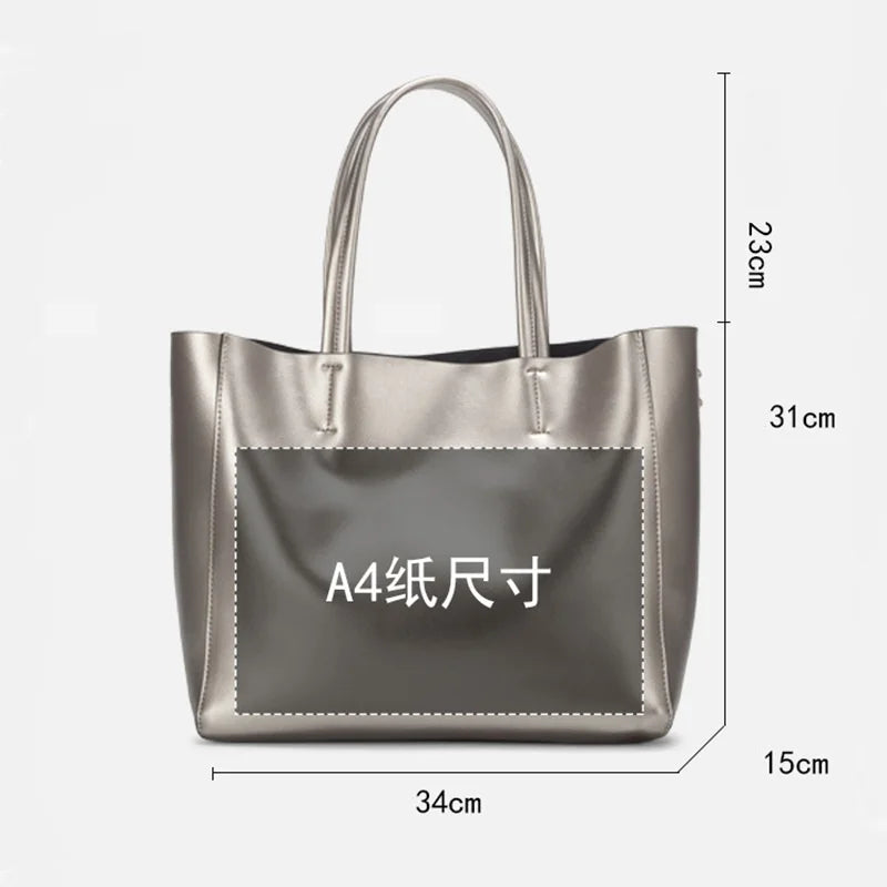 2025 New Women fashion split cow leather shoulder bag daily commuter large capacity tote bag for women silver handbag as gift