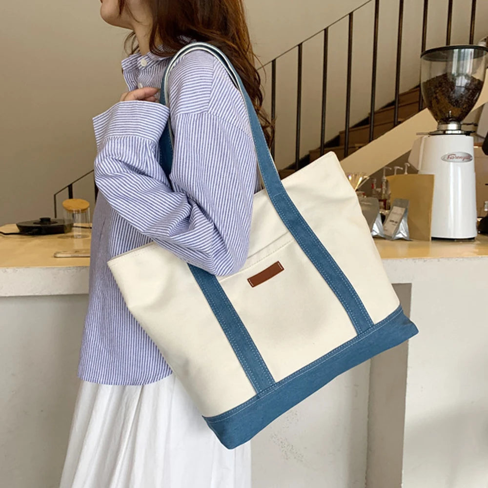 Fashion canvas women's bag, college style tote bag, large capacity shoulder bag, women's shoulder bag, shopping handbag