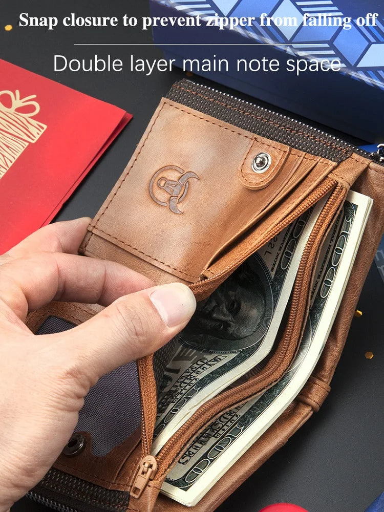 Retro Style Genuine Leather men's zipper wallet vertical casual short photo album driver's license cowhide change wallet