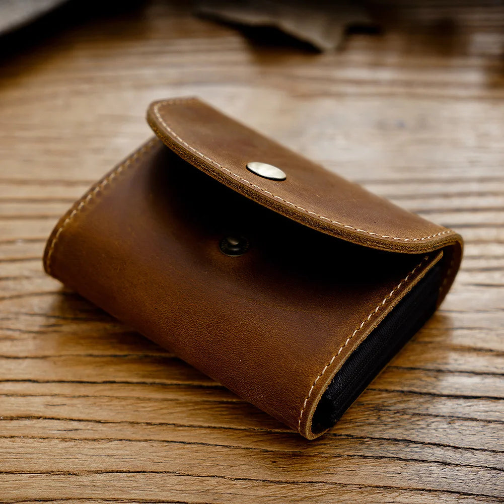 Vintage Crazy Horse Leather Buckle Wallet Men's Leather Large Capacity 12 Card hold Organ Card Bag Storage Bags