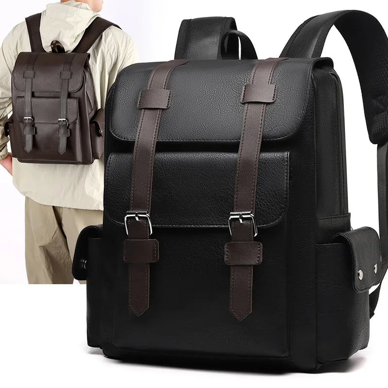 British Retro Soft PU Leather Backpack For Men Large Capacity Casual Travel Backpack belt buckle daily student Backpack