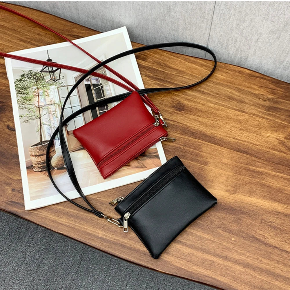 1PC Women Men PU Leather Zipper Zero Wallet Solid Color Hanging Neck Coin Storage Women's Wallet ID Credit Card Storage