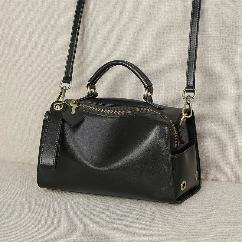 Genuine leather women's shoulder bag cowhide Boston pillow handbag crossbody bag for women fashion Commuter shopping bag