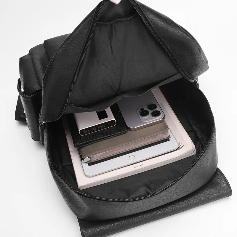 British Retro Soft PU Leather Backpack For Men Large Capacity Casual Travel Backpack belt buckle daily student Backpack