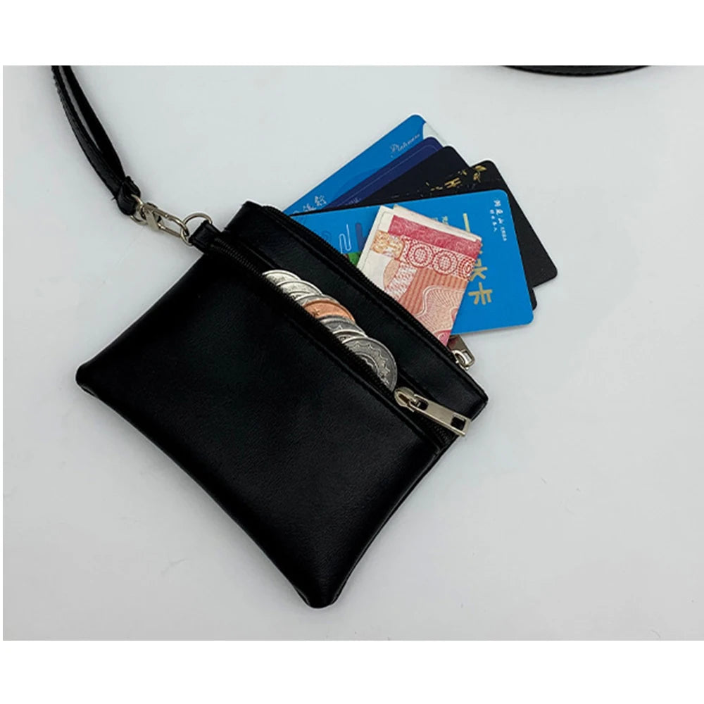 1PC Women Men PU Leather Zipper Zero Wallet Solid Color Hanging Neck Coin Storage Women's Wallet ID Credit Card Storage